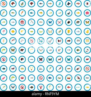 100 animal icons set, flat style Stock Vector