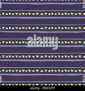Vector seamless pattern with handdrawn stripes and triangles . Hand drawn Purple, red and yellow stripes and triangles. Stock Vector