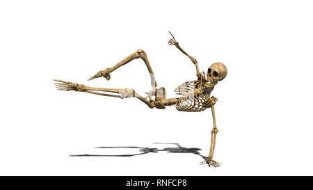 Funny skeleton dancing on the floor, human skeleton exercising on white background, 3D rendering