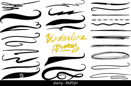 Set of underline. Marker Brush, artistic lines and strokes. Collection of Chaotic grunge Elements. Doodle Style. Engraved Hand drawn sketch. Stock Vector