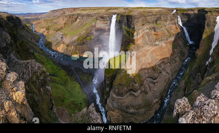 Panoramic view of Háifoss waterfall on the Fossá river near the volcano Hekla, the fourth highest waterfall of the island with height of 122 meter in  Stock Photo