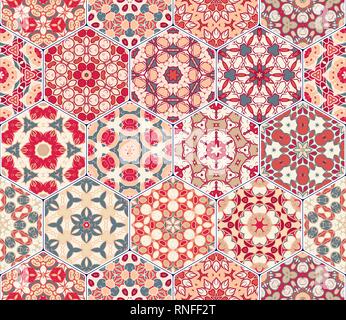 Bright seamless pattern of hexagonal tiles with vintage ornament. Colorful vector set of elements for design of wallpaper, fabric or wrapping paper. Stock Vector