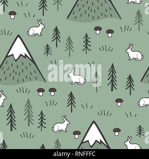 Rabbit and Mountains Seamless Pattern Background, Scandinavian Happy cute bunny in the forest. Kids nordic background. Stock Vector