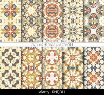 Set of ten classic seamless patterns in bright orange colors. Decorative and design elements for textile, book covers, manufacturing, wallpapers, prin Stock Vector