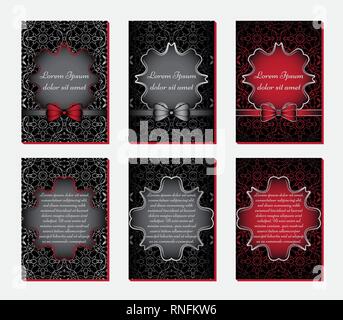 Set of vintage cards with silver and red ornament on a black background. Ornate border and place for your text. Vector illustration. Stock Vector