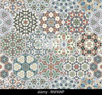A rich set of hexagonal ceramic tiles. Colorful elements in oriental style. Vector illustration. Stock Vector