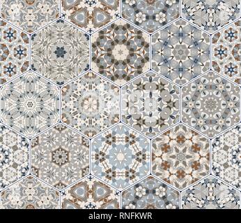 A rich set of hexagonal ceramic tiles. Colorful elements in oriental style. Vector illustration. Stock Vector