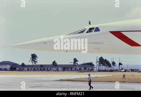 A Concorde supersonic aircraft at Grantley Adams International Airport after flying Queen Elizabeth II to Barbados on a royal tour, Caribbean, 1989 Stock Photo