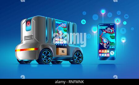 Autonomous driverless van delivers and ships parcels in specified location on map city. Smartphone app displays order information, gps point of self Stock Vector