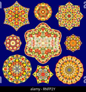Set of nine abstract circular elements. Round colorful mandalas. Graphic template for your design. Decorative retro ornament. Vector illustration. Stock Vector