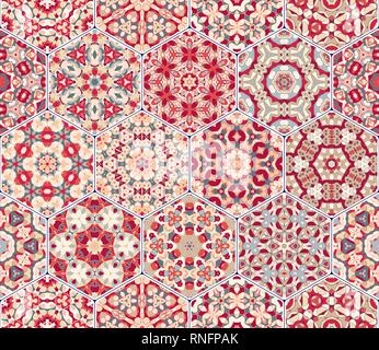 A rich set of hexagonal ceramic tiles. Colorful elements in oriental style. Vector illustration. Stock Vector