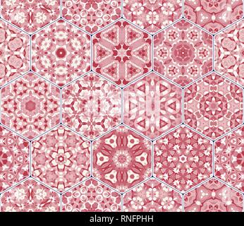 A rich set of hexagonal ceramic tiles in shades of red and pink. Colorful elements in oriental style. Vector illustration. Stock Vector