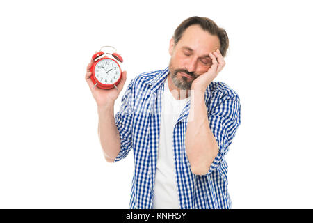 Take control of time. Self discipline concept. How to avoid being late. Being late is habit. Figure out why you are always late. Man bearded mature guy hold alarm clock. Time management skill. Stock Photo