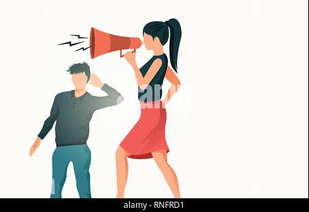 A women using a megaphone with a man in the background not recieving the message. People vector illustration. Stock Vector