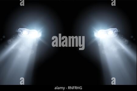 A modern car with LED headlight bulbs driving at night. Vector illustration. Stock Vector