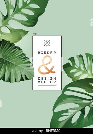 Green palm tree leaves on a frame design. Vector background. Stock Vector