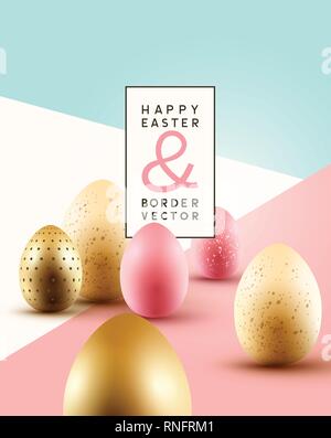 Pastel coloured Easter background composition with gold and pink chocolate Easter eggs. Vector illustration. Stock Vector