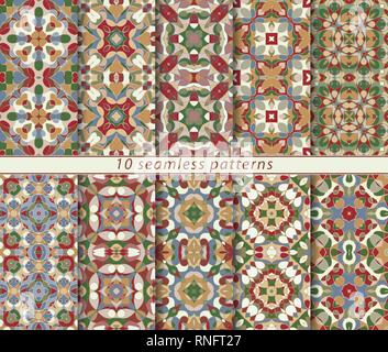 Set of bright seamless patterns. A collection of ten ornaments of red and orange in an ethnic style. Vector illustration. Stock Vector