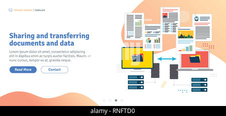 Sharing and transferring documents and data. Transfer data between computer and laptop. Backup data and computer network. Template in flat design for  Stock Photo