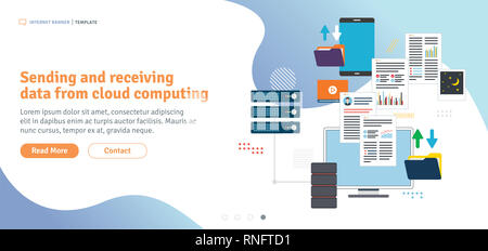 Sending and receiving data from cloud computing. Data backup and access to computer network. Template in flat design for web banner or infographic in  Stock Photo