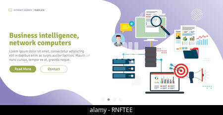 Business intelligence, network computers, cloud computing and data network. Laptop accessing server files in network. Flat design for web banner or in Stock Photo