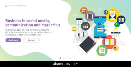 Business in social media, communication and marketing. Mobile phone on login screen. Smartphone application icons connected by lines. Flat design for  Stock Photo