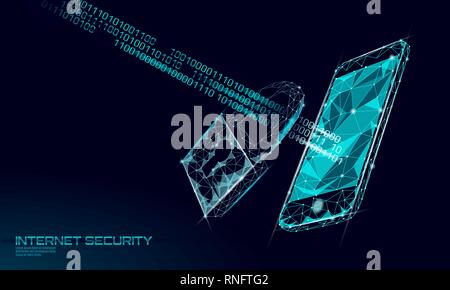 Low poly cyber safety padlock on smartphone data. Internet security lock information privacy polygonal future innovation technology. Network antivirus Stock Vector