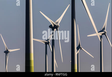 Wind farm, wind park, wind power plant,  in the district of Wittmund, north sea coast, East Frisia,  Lower Saxony, Germany, Stock Photo