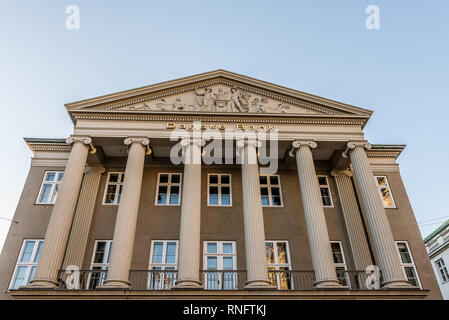 The facade of the money-laundering Danish Bank with ionic columns and a sclprured pediment, Copenhagen, February 16, 2019 Stock Photo