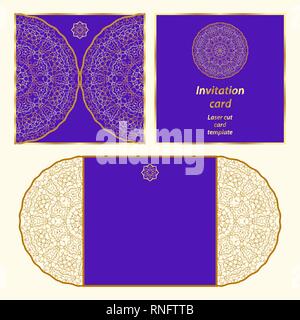 Wedding invitation or greeting card with classical ornament. Picture suitable for laser cutting or printing. Gold pattern on a blue background. Vector Stock Vector