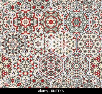 A rich set of hexagonal ceramic tiles in shades of red and green. Colorful elements in oriental style. Vector illustration. Stock Vector
