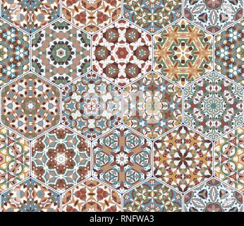 A rich set of hexagonal ceramic tiles in shades of orange and green. Colorful elements in oriental style. Vector illustration. Stock Vector