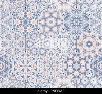 A rich set of hexagonal ceramic tiles in shades of blue and pink. Colorful elements in oriental style. Vector illustration. Stock Vector