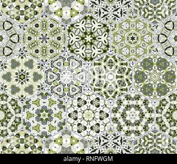 A rich set of hexagonal ceramic tiles in shades of green. Colorful elements in oriental style. Vector illustration. Stock Vector