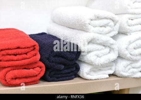 rolls of rolled towels are stacked. spa complex. Stock Photo