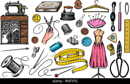 Tape measure. Sewing tool and element for needlework. Handmade equipment.  Tailor shop badges label. Engraved hand drawn realistic in old vintage  sketch. Stock Vector by ©ArthurBalitskiy 251463132