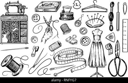 Set of sewing tools and elements or materials for needlework. Handmade ...