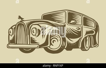 Muscle car or vintage transport. Classic Retro old school auto service. Poster or Banner. Engraved hand drawn sketch for logo and labels. Business Stock Vector