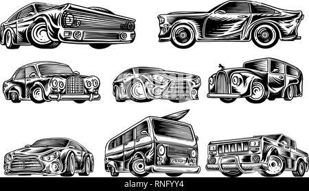 Muscle cars and vintage transports for logo and labels. Set of retro old school auto service. Collection of classic roadster. Engraved hand drawn Stock Vector