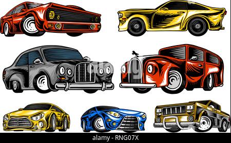 Muscle cars and vintage transports for logo and labels. Set of retro old school auto service. Collection of classic roadster. Engraved hand drawn Stock Vector
