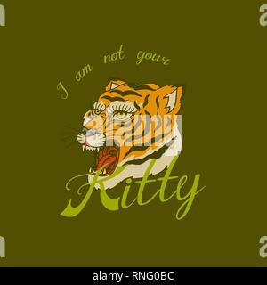 Asian Tiger or kitty for t-shirt. Face or Head of Wild Animal Predator for vintage banner or poster. Portrait Japanese Style. Hand drawn Engraved Stock Vector