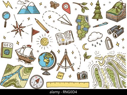 Set of geography symbols. Equipments for web banners. Vintage outline ...