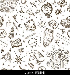 Geography symbols seamless pattern. Equipments for web banners background. Vintage outline sketch for web banners. Doodle style. Education concept Stock Vector