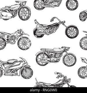 Vintage motorcycles Seamless Pattern. Bicycle Background. Extreme Biker Transport. Retro Old Style. Hand drawn Engraved Monochrome Sketch. Stock Vector
