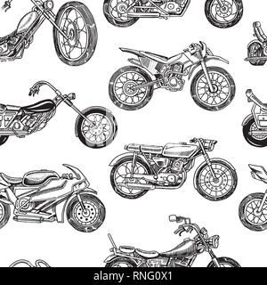 Vintage motorcycles Seamless Pattern. Bicycle Background. Extreme Biker Transport. Retro Old Style. Hand drawn Engraved Monochrome Sketch. Stock Vector