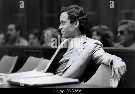 Ted Bundy Murder Trial - Miami - Theodore Robert Bundy was an American serial killer, kidnapper, rapist, burglar, and necrophile who assaulted and murdered numerous young women and girls during the 1970s and possibly earlier. After more than a decade of denials, he confessed to 30 homicides that he committed in seven states between 1974 and 1978. Stock Photo