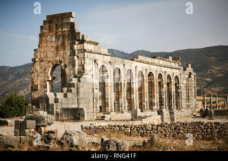 The Basilica at Volubilis is a partly excavated Berber and Roman city in Morocco near the city of Meknes, and considered the kingdom of Mauretania. Stock Photo