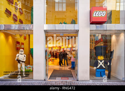 Copenhagen, Denmark - October 22, 2018: Front view of LEGO Store Copenhagen entrance. Stock Photo