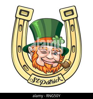 Leprechaun face on Golden Horse Shoe background. St.Patrick's Day Emblem. Vector illustration. Stock Vector