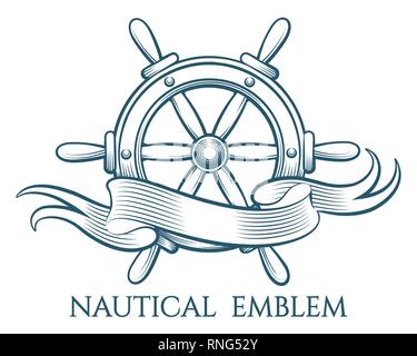 Engraving style tattoo of ship steering wheel and Blank ribbon. Vector illustration. Stock Vector